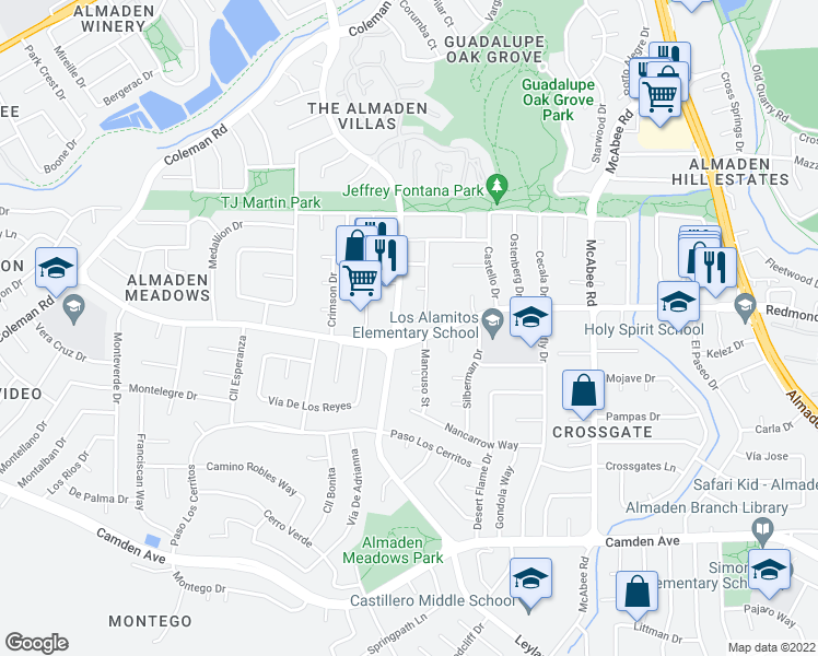 map of restaurants, bars, coffee shops, grocery stores, and more near 6078 Burnbank Place in San Jose