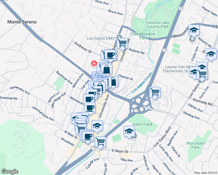 map of restaurants, bars, coffee shops, grocery stores, and more near 407 University Avenue in Los Gatos