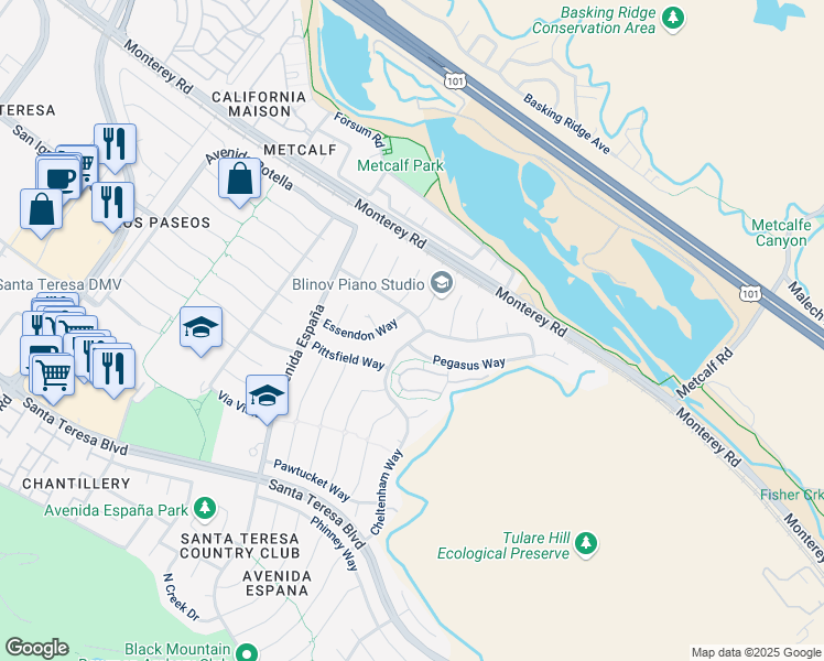 map of restaurants, bars, coffee shops, grocery stores, and more near 57 Cheltenham Way in San Jose