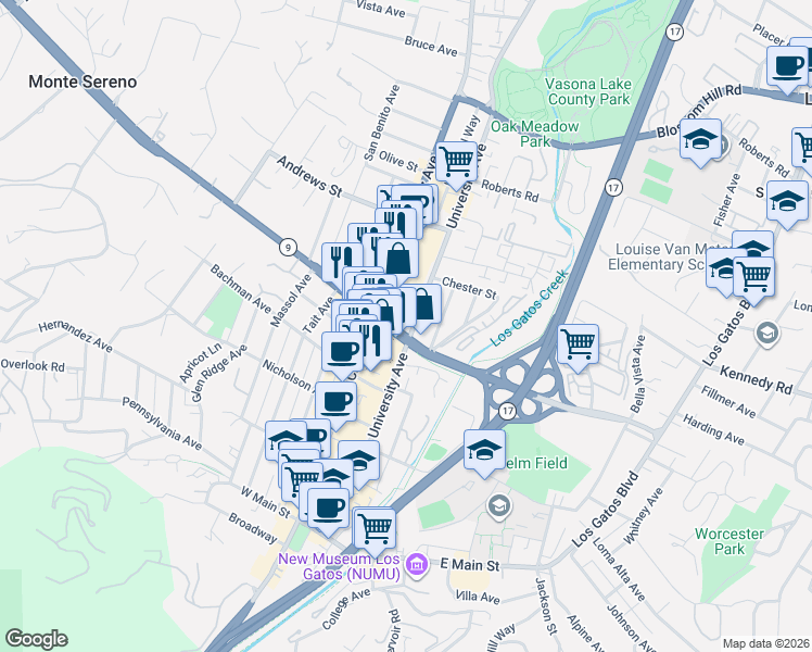 map of restaurants, bars, coffee shops, grocery stores, and more near 164 Saratoga-Los Gatos Road in Los Gatos