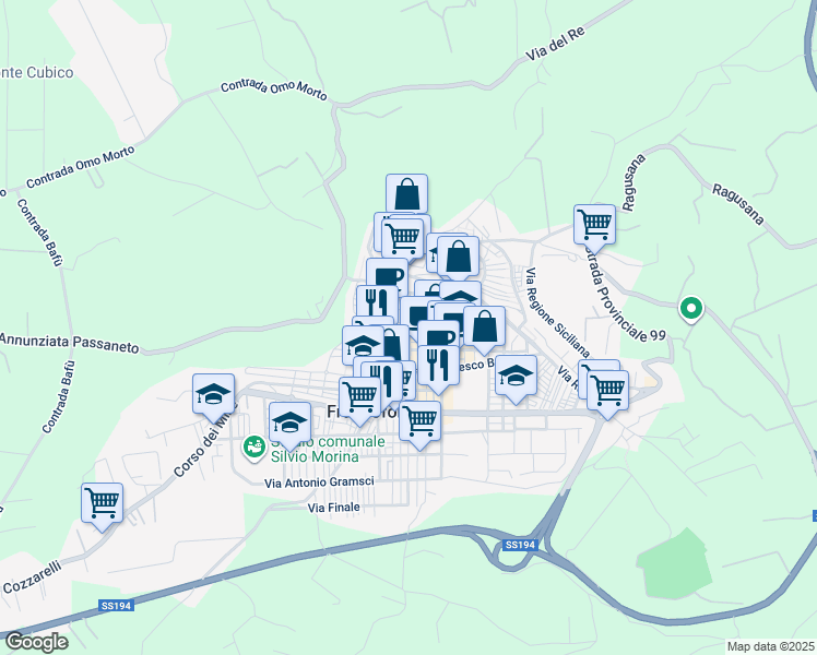 map of restaurants, bars, coffee shops, grocery stores, and more near 68 Via Aurelio Saffi in Francofonte