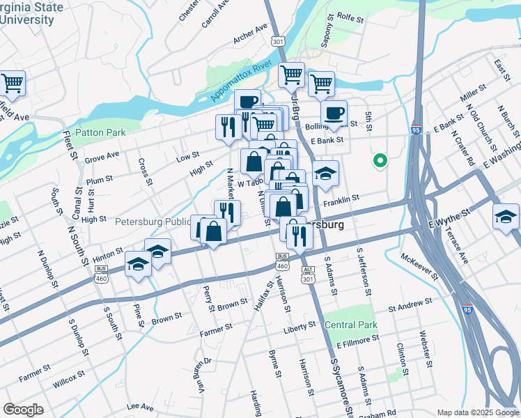 map of restaurants, bars, coffee shops, grocery stores, and more near 36 North Union Street in Petersburg