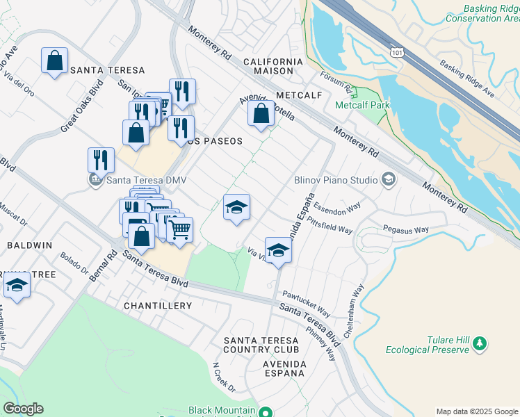 map of restaurants, bars, coffee shops, grocery stores, and more near 7193 Vía Colina in San Jose