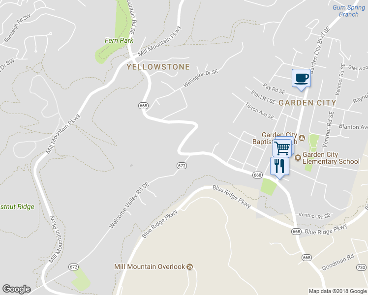 map of restaurants, bars, coffee shops, grocery stores, and more near 3472 Yellow Mountain Road Southeast in Roanoke