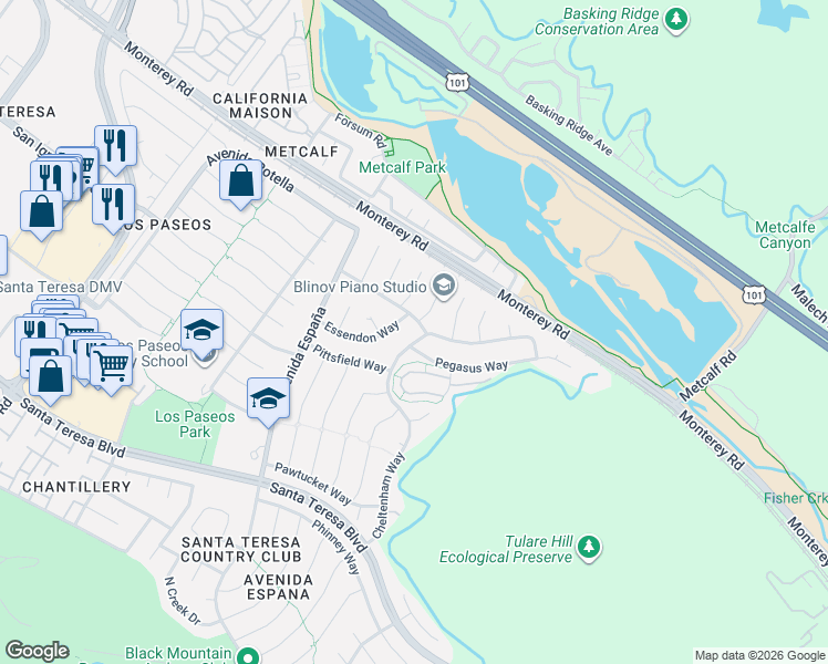 map of restaurants, bars, coffee shops, grocery stores, and more near 57 Cheltenham Way in San Jose