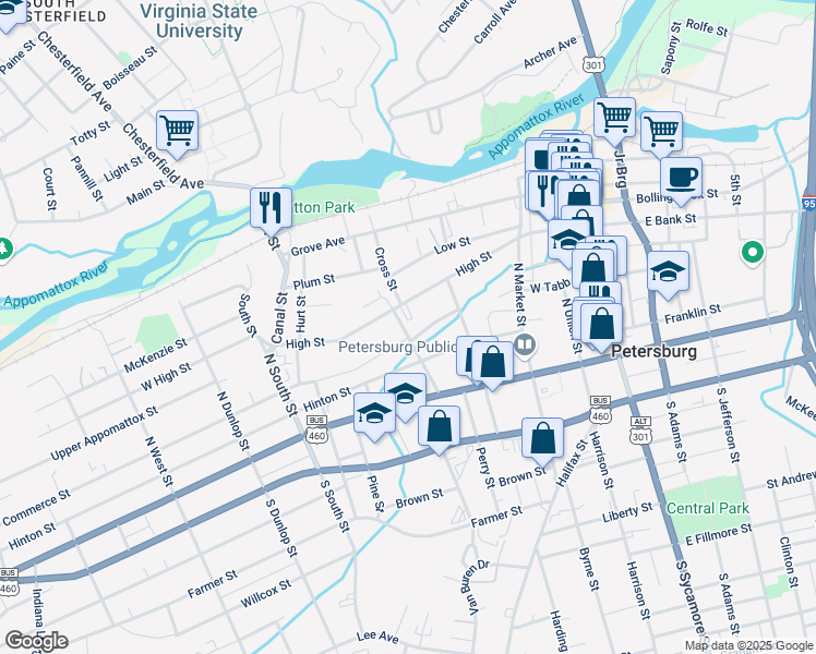 map of restaurants, bars, coffee shops, grocery stores, and more near in Petersburg