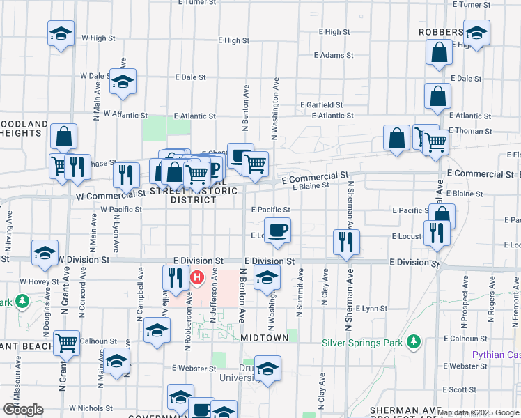 map of restaurants, bars, coffee shops, grocery stores, and more near 522 East Pacific Street in Springfield