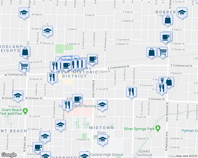 map of restaurants, bars, coffee shops, grocery stores, and more near 522 East Pacific Street in Springfield
