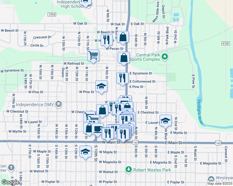 map of restaurants, bars, coffee shops, grocery stores, and more near 500-598 North 8th Street in Independence
