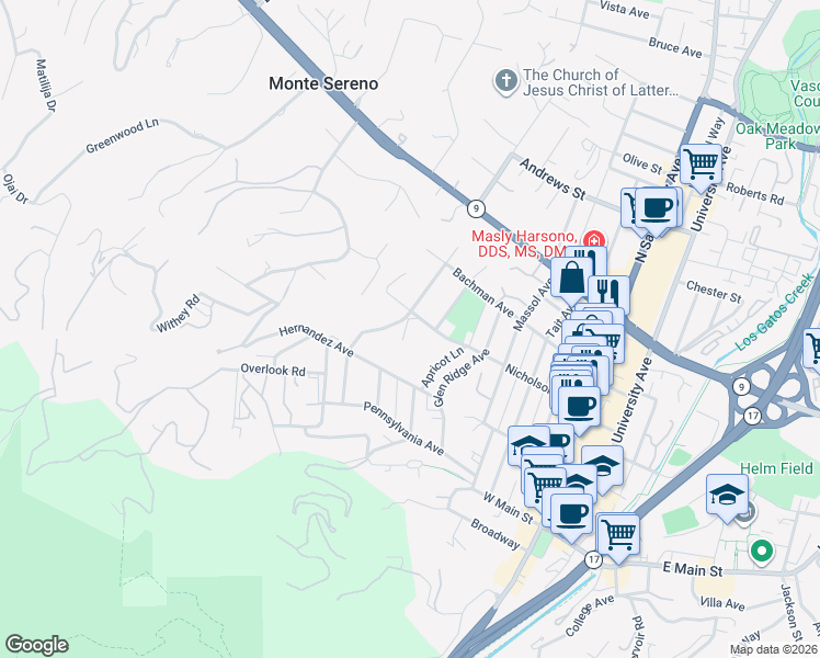 map of restaurants, bars, coffee shops, grocery stores, and more near 57 Ellenwood Avenue in Los Gatos