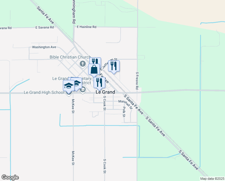 map of restaurants, bars, coffee shops, grocery stores, and more near Le Grand Road in Le Grand