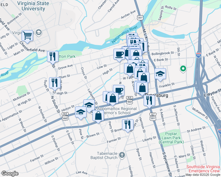 map of restaurants, bars, coffee shops, grocery stores, and more near 235 Hinton Street in Petersburg