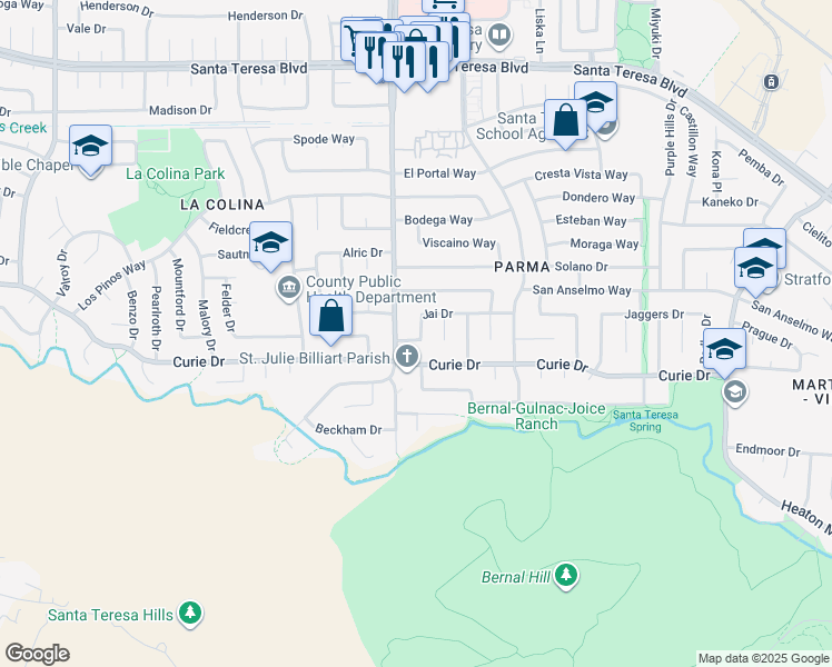 map of restaurants, bars, coffee shops, grocery stores, and more near 393 Jai Drive in San Jose