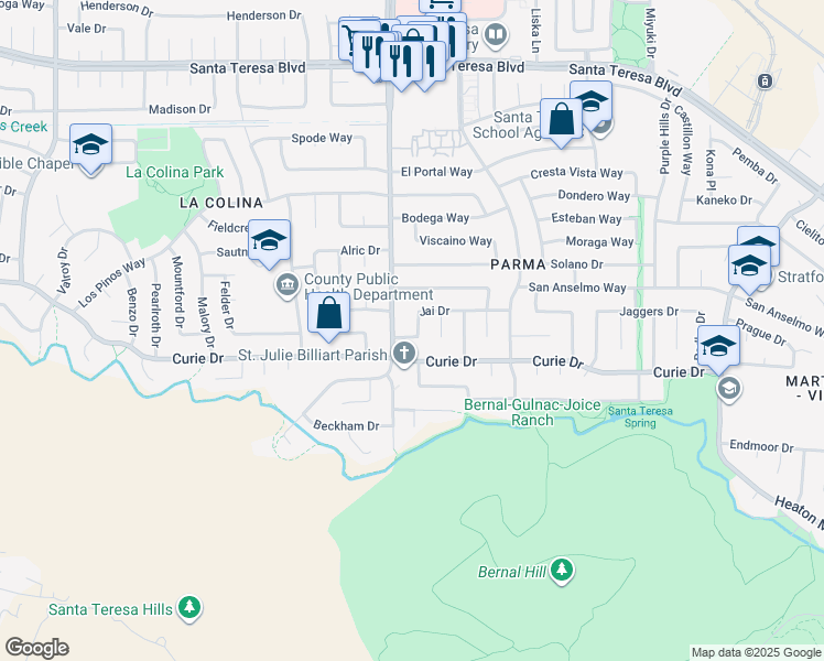 map of restaurants, bars, coffee shops, grocery stores, and more near 393 Jai Drive in San Jose