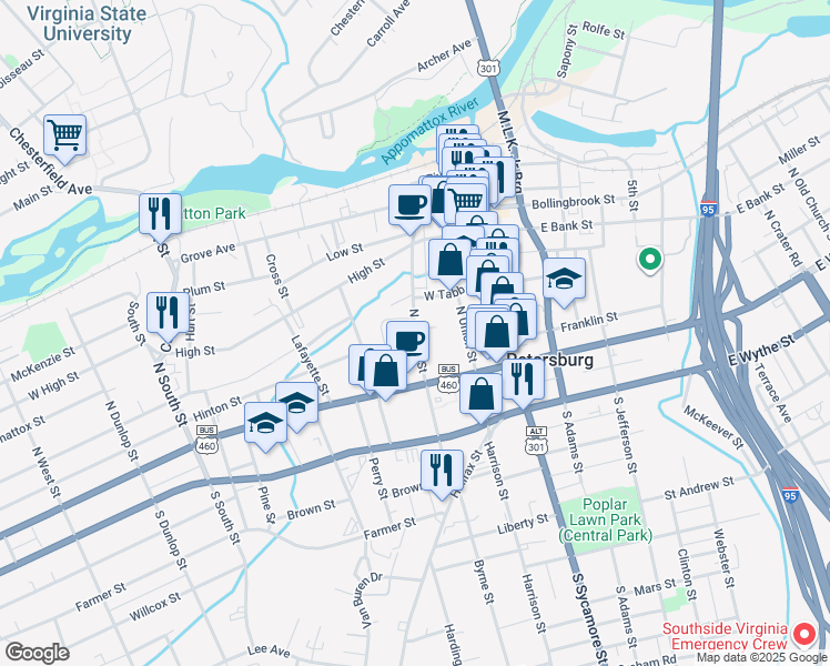 map of restaurants, bars, coffee shops, grocery stores, and more near 201 Hinton Street in Petersburg