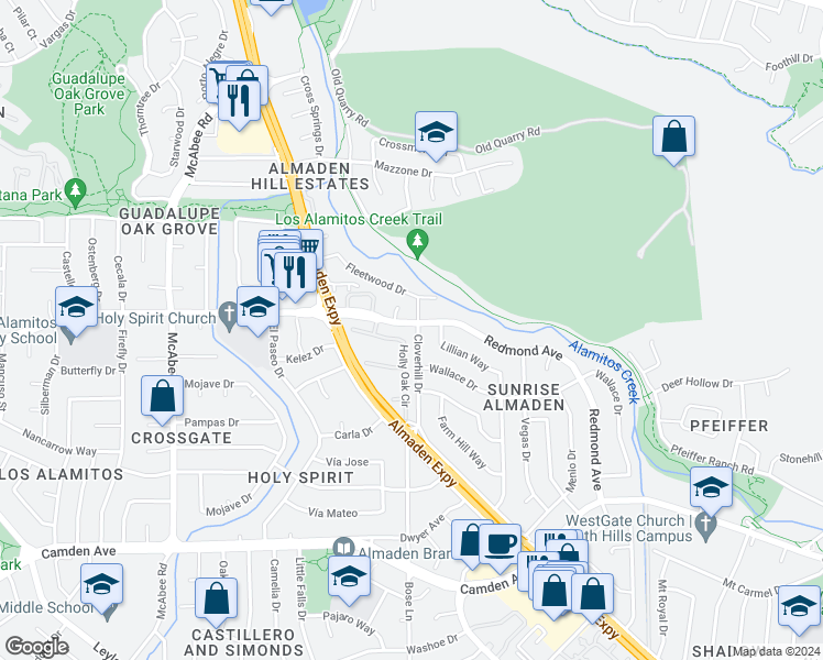 map of restaurants, bars, coffee shops, grocery stores, and more near 6211 Cloverhill Drive in San Jose