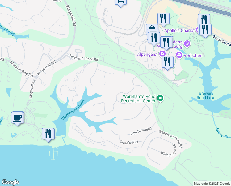 map of restaurants, bars, coffee shops, grocery stores, and more near 148 Jeffersons Hundred in Williamsburg
