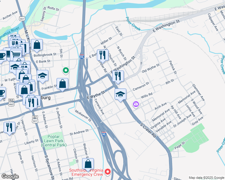 map of restaurants, bars, coffee shops, grocery stores, and more near 128 South Crater Road in Petersburg