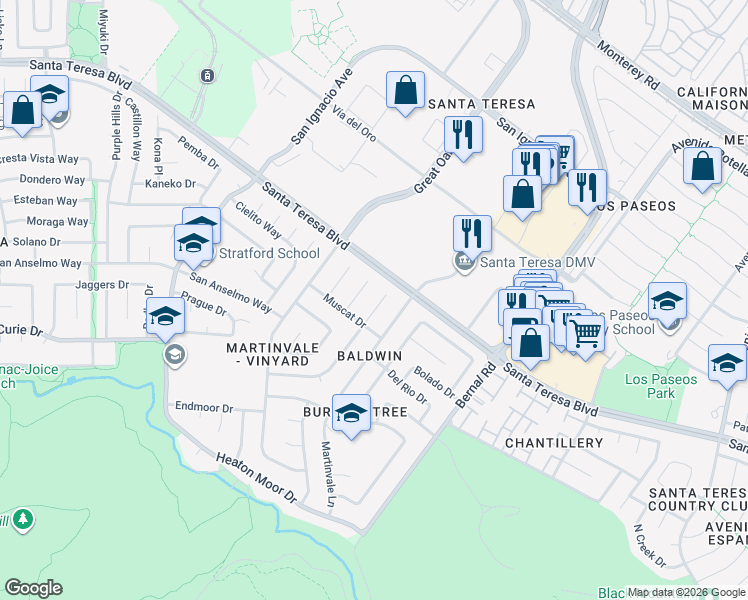 map of restaurants, bars, coffee shops, grocery stores, and more near 212 Arbor Valley Court in San Jose
