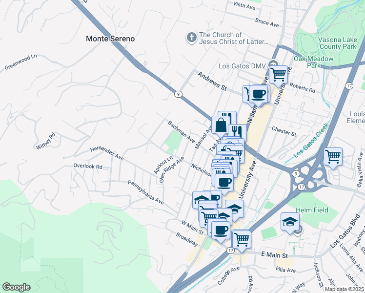 map of restaurants, bars, coffee shops, grocery stores, and more near 219 Glen Ridge Avenue in Los Gatos