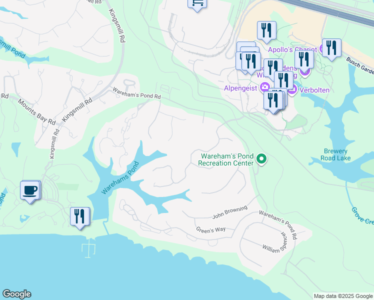 map of restaurants, bars, coffee shops, grocery stores, and more near 148 Jeffersons Hundred in Williamsburg