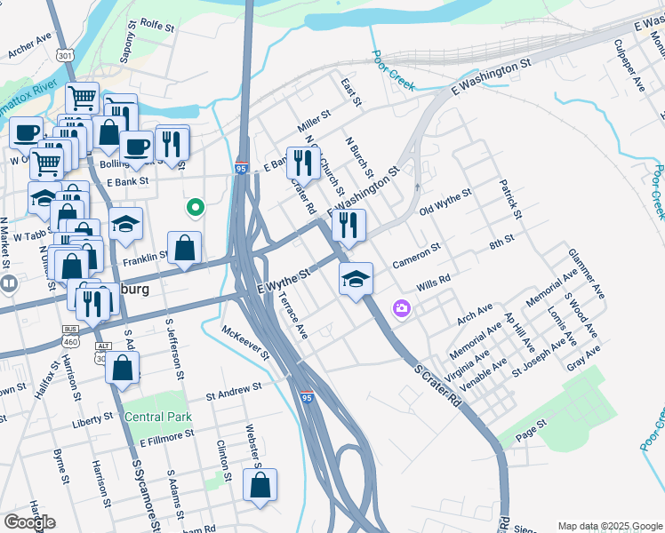 map of restaurants, bars, coffee shops, grocery stores, and more near 128 South Crater Road in Petersburg