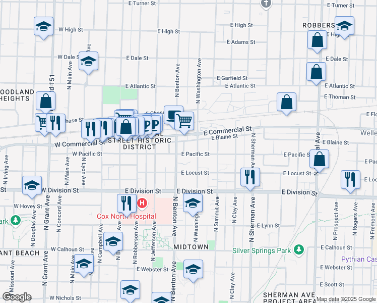 map of restaurants, bars, coffee shops, grocery stores, and more near 523 East Pacific Street in Springfield