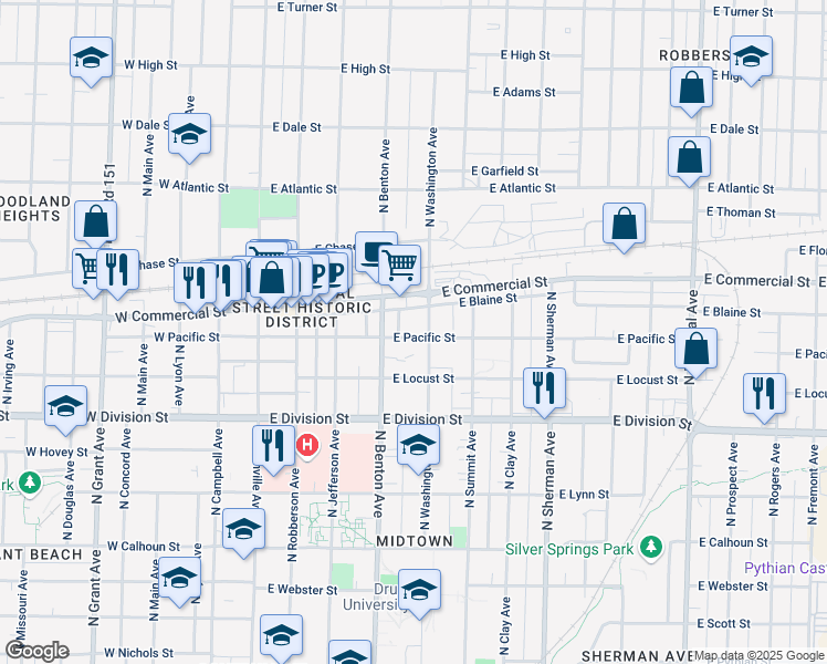 map of restaurants, bars, coffee shops, grocery stores, and more near 529 East Pacific Street in Springfield