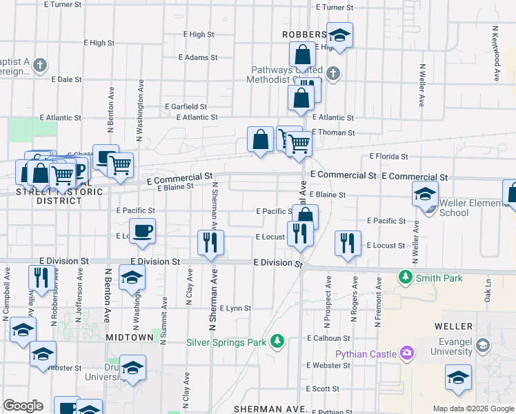 map of restaurants, bars, coffee shops, grocery stores, and more near 1049 East Pacific Street in Springfield
