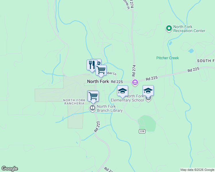 map of restaurants, bars, coffee shops, grocery stores, and more near 57076 Road 225 in North Fork