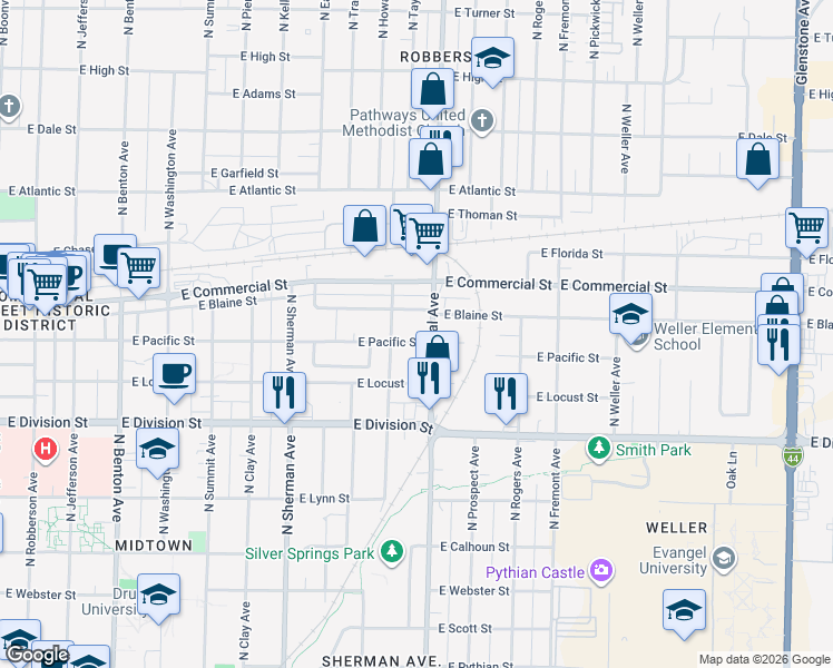 map of restaurants, bars, coffee shops, grocery stores, and more near 1120 East Pacific Street in Springfield