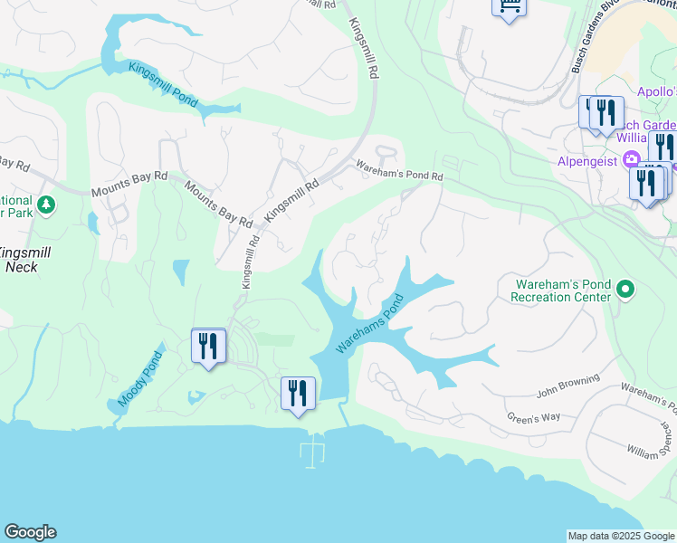 map of restaurants, bars, coffee shops, grocery stores, and more near 163 Wareham's Point in Williamsburg