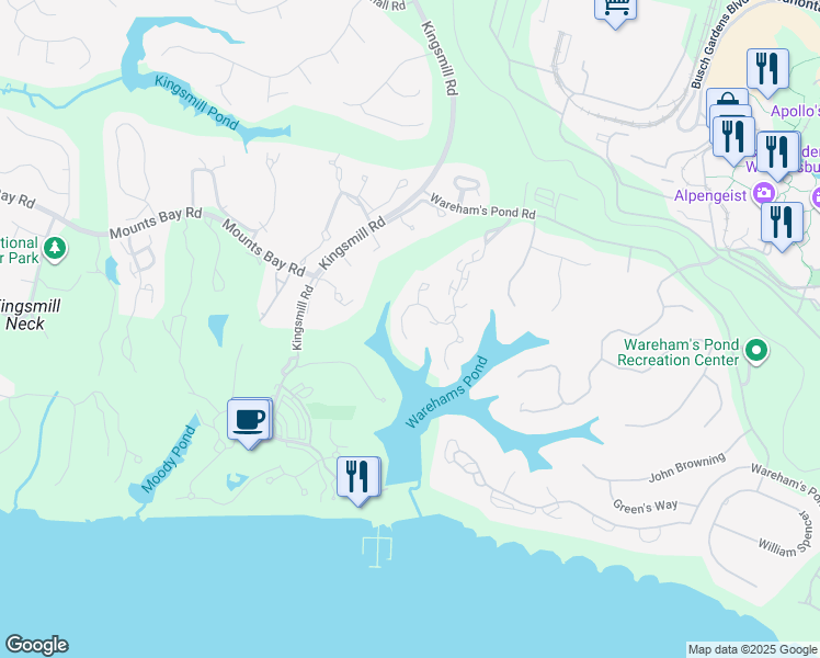 map of restaurants, bars, coffee shops, grocery stores, and more near 163 Wareham's Point in Williamsburg