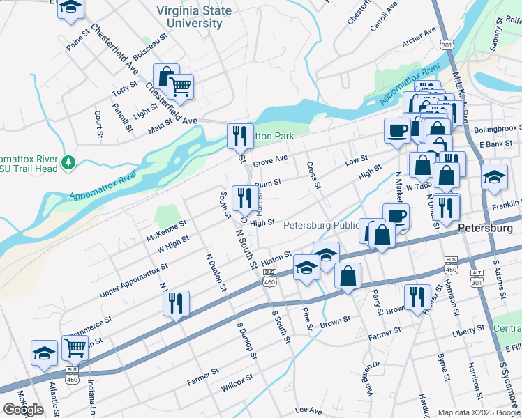 map of restaurants, bars, coffee shops, grocery stores, and more near 327 Hurt Street in Petersburg
