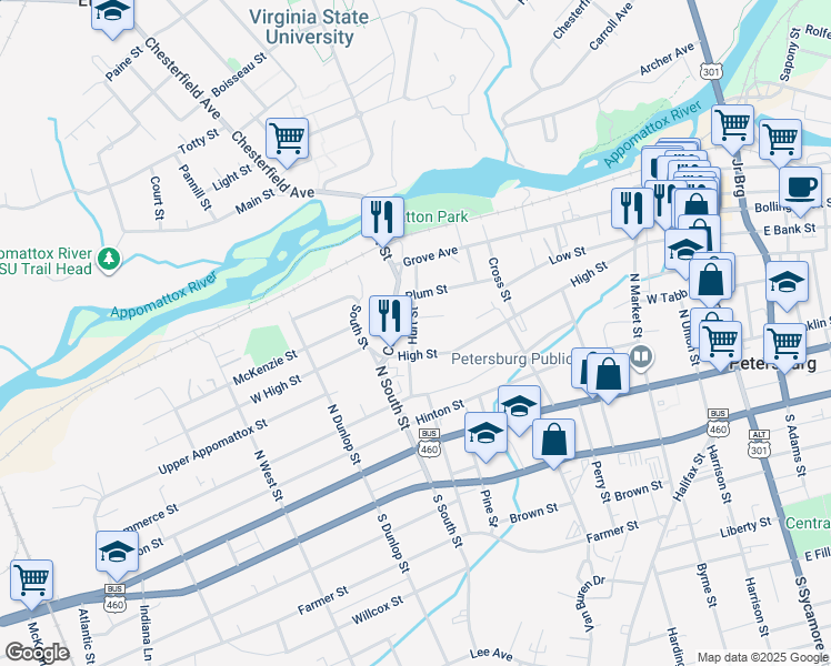 map of restaurants, bars, coffee shops, grocery stores, and more near 327 Hurt Street in Petersburg