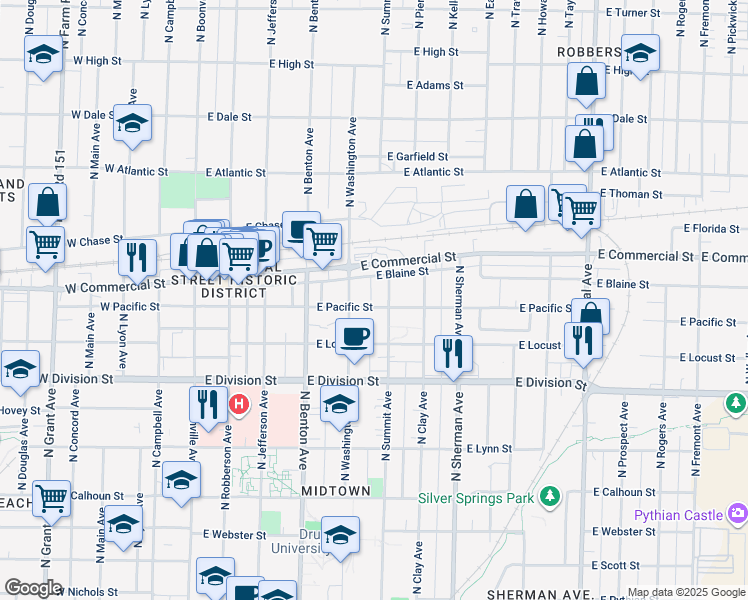 map of restaurants, bars, coffee shops, grocery stores, and more near 625 East Pacific Street in Springfield