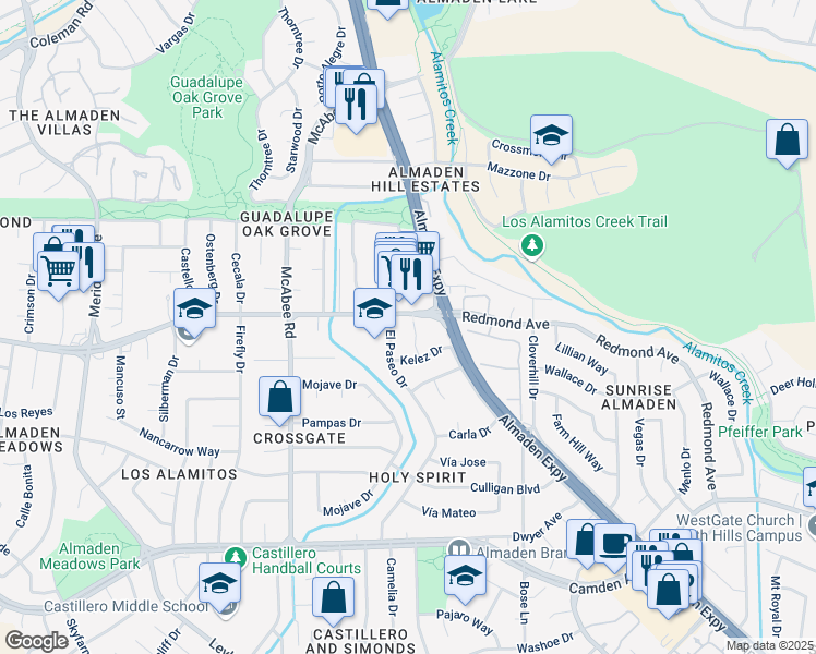 map of restaurants, bars, coffee shops, grocery stores, and more near 6283 Kelez Court in San Jose