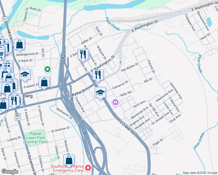 map of restaurants, bars, coffee shops, grocery stores, and more near 131 South Old Church Street in Petersburg