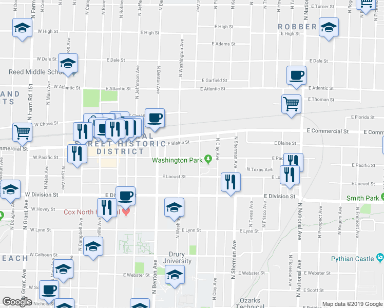 map of restaurants, bars, coffee shops, grocery stores, and more near 610 East Pacific Street in Springfield