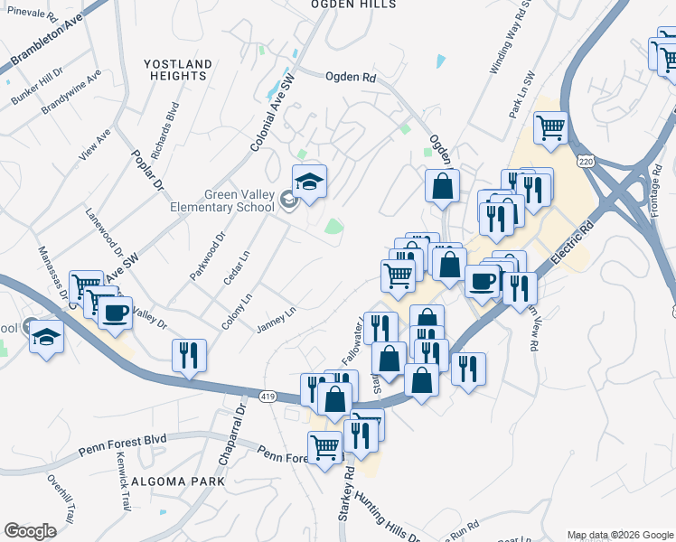 map of restaurants, bars, coffee shops, grocery stores, and more near 4065 Crawford Rd in Roanoke