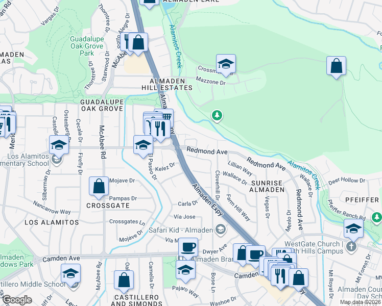 map of restaurants, bars, coffee shops, grocery stores, and more near 1135 Holly Oak Circle in San Jose