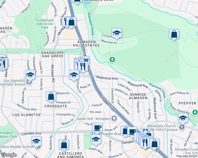 map of restaurants, bars, coffee shops, grocery stores, and more near 1135 Holly Oak Circle in San Jose