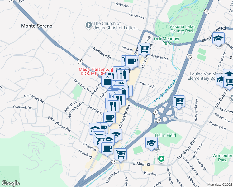 map of restaurants, bars, coffee shops, grocery stores, and more near 335 North Santa Cruz Avenue in Los Gatos