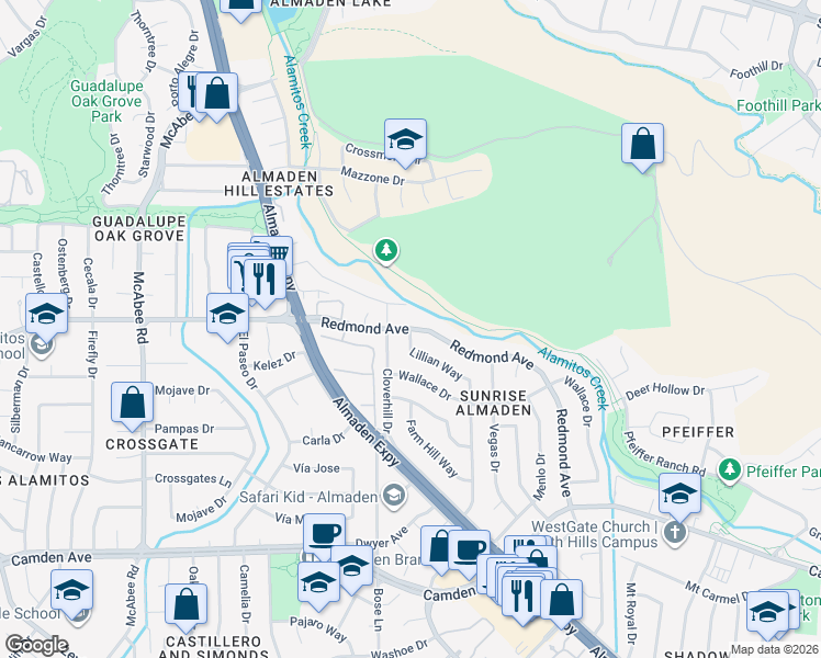 map of restaurants, bars, coffee shops, grocery stores, and more near Redmond Avenue & Lillian Way in San Jose