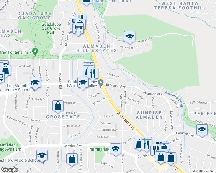 map of restaurants, bars, coffee shops, grocery stores, and more near 1128 Holly Oak Circle in San Jose
