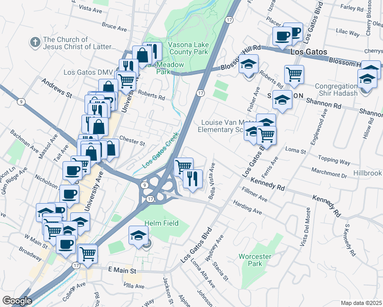 map of restaurants, bars, coffee shops, grocery stores, and more near 439 Alberto Way in Los Gatos