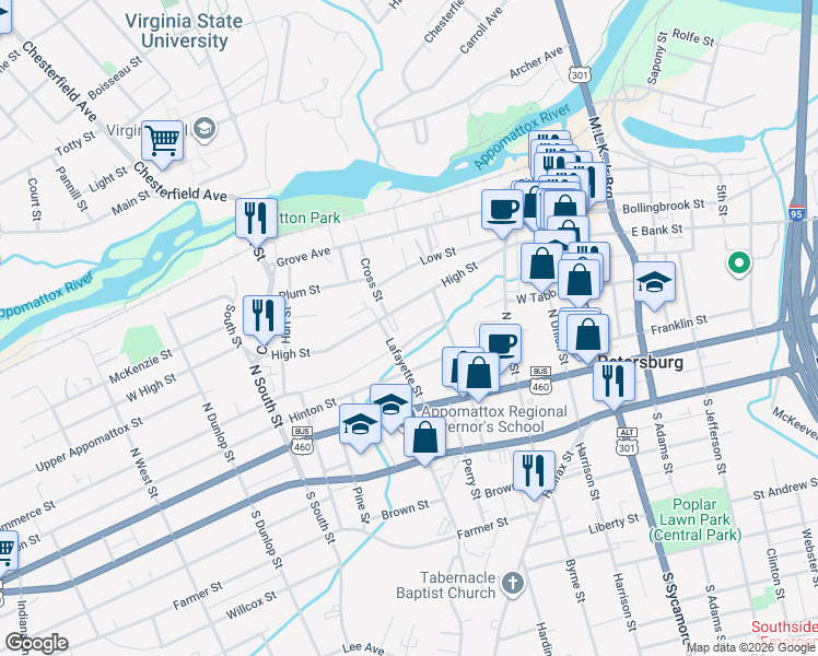 map of restaurants, bars, coffee shops, grocery stores, and more near 310-440 Commerce Street in Petersburg