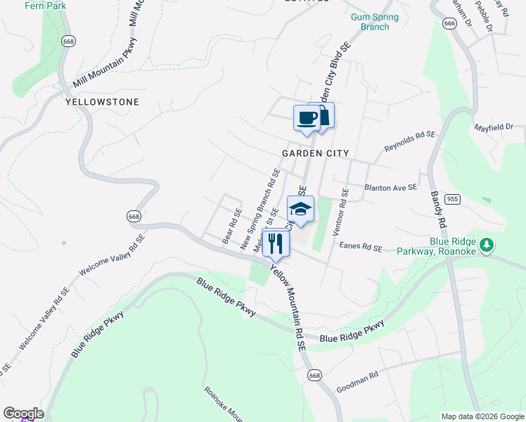 map of restaurants, bars, coffee shops, grocery stores, and more near 3716 New Spring Branch Road Southeast in Roanoke