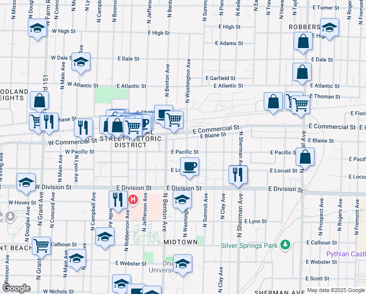 map of restaurants, bars, coffee shops, grocery stores, and more near 522 East Pacific Street in Springfield
