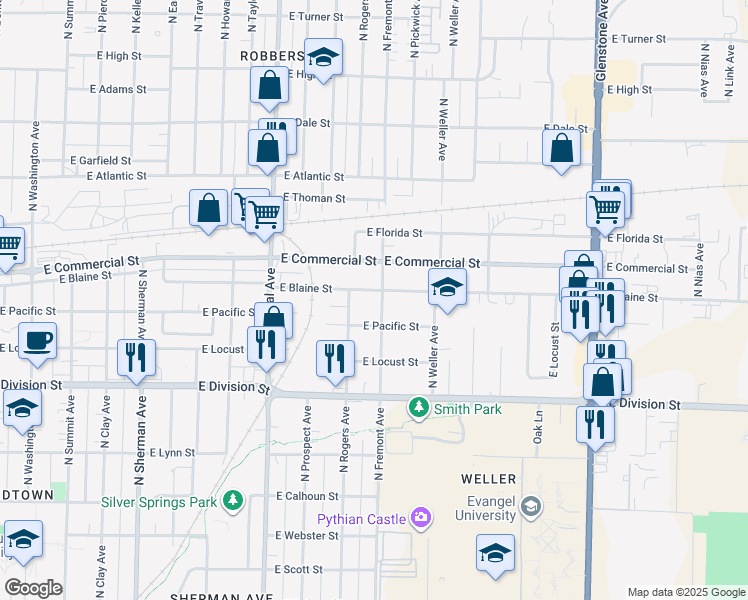 map of restaurants, bars, coffee shops, grocery stores, and more near 1353 East Pacific Street in Springfield